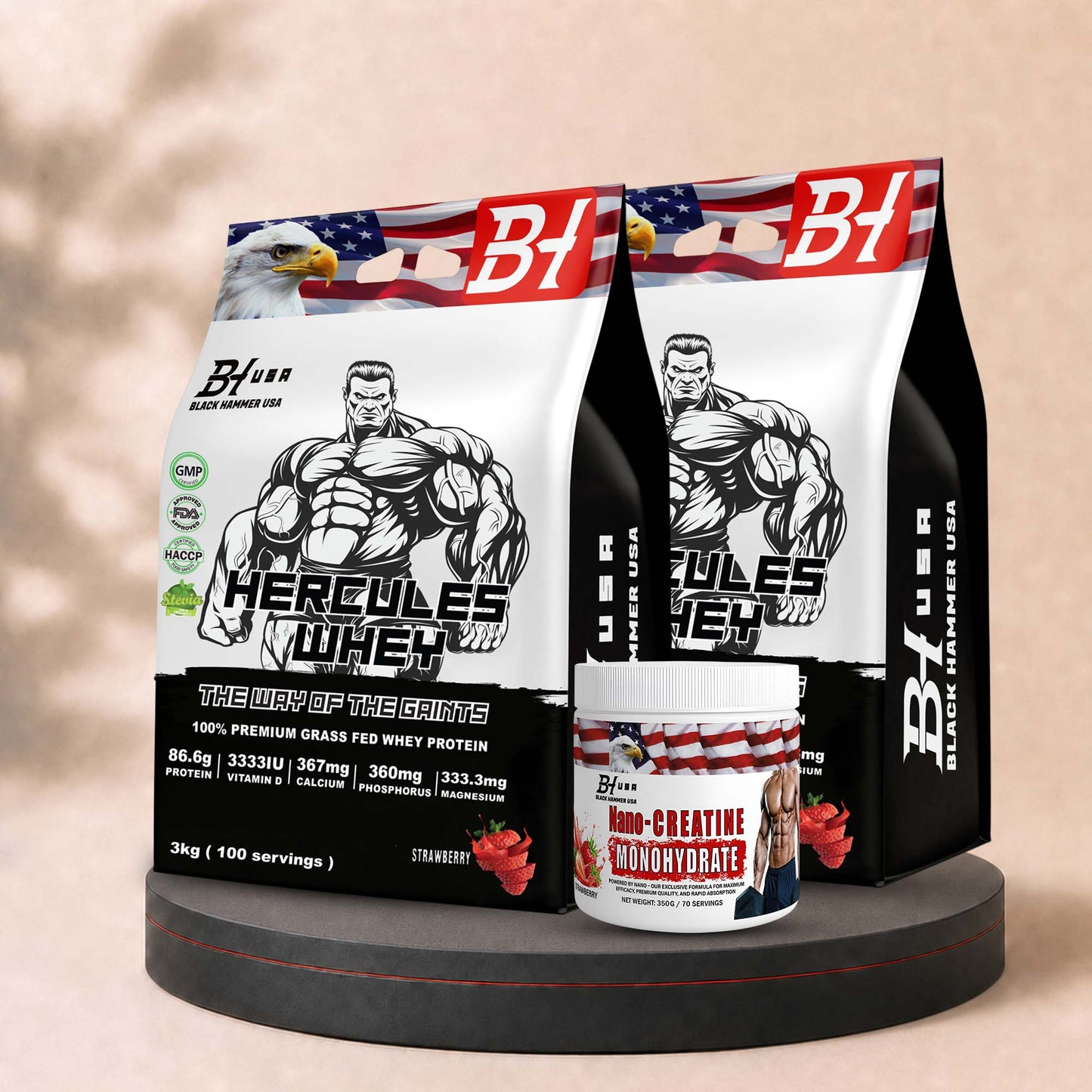 2× Hercules Whey 3KG Strawberry + FREE Nano Creatine Strawberry