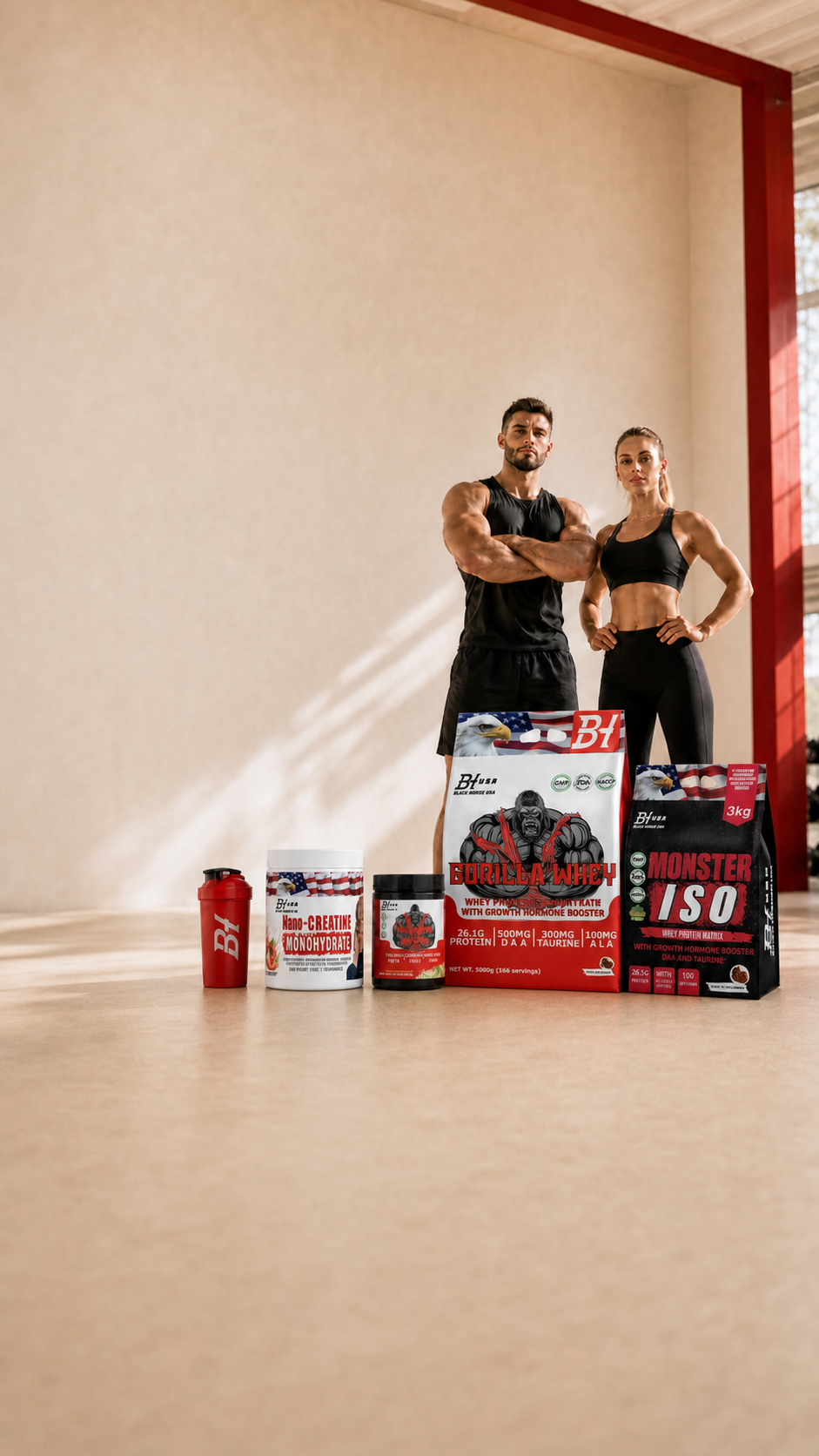 Athletes training with premium sports nutrition products